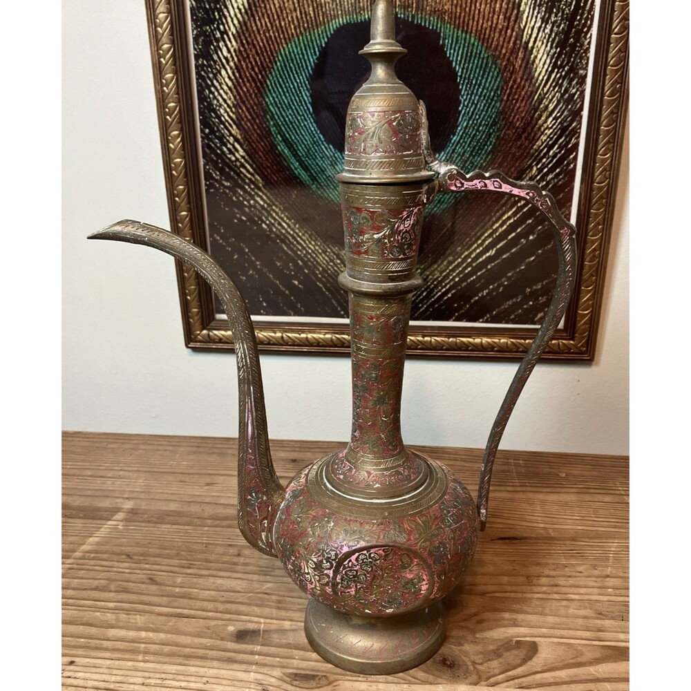Antique Engraved Brass Middle Eastern Tea Pot Dallah Ewer Enamel Painted 11.75”